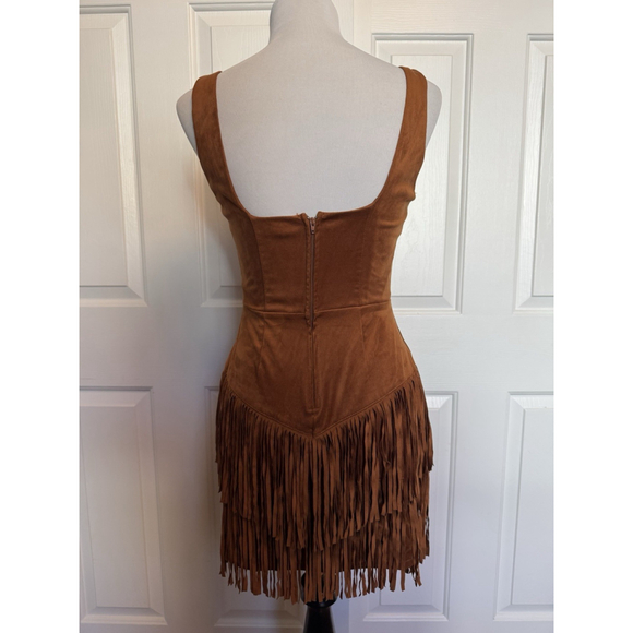 Trixxi Faux Suede Fringe Mini Dress Medium Western Boho Festival Cowgirl Brown - Picture 2 of 10